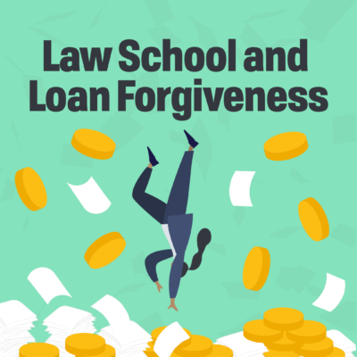 words Law School and Loan Forgiveness. Person falling feet in air arm down and reaching for coins and papers. There are papers and coins falling around the figure and the ground is coins and paper