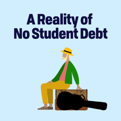 words A Reality of No Student Debt, below a man sits on 2 suitcase with a black guitar in front, he is wearing a yellow hat with a green jacket, red shirt and yellow pants. He is sitting on the suitcases