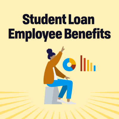 Words Student Loan Employee Benefits below a woman site on a seat with her right arm raised and left on leg. between her arms is a pie chair and a bar graph. She is wearing an orange sweater and white shirt with blue pants and white shoes. She has rays surrounding the lower half of the picture circling the seat and moving to the edge.