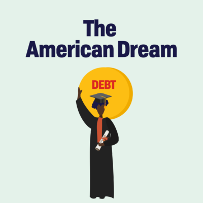Words The American Dream in dark gray letters below a woman in a graduation cap and gown holding a diploma in her left hand. Her right hand extends up to hold a gold ball the is on her shoulders that says Debt. Background is Statue of Liberty green. She is standing in the same composition as the Statue of Liberty.