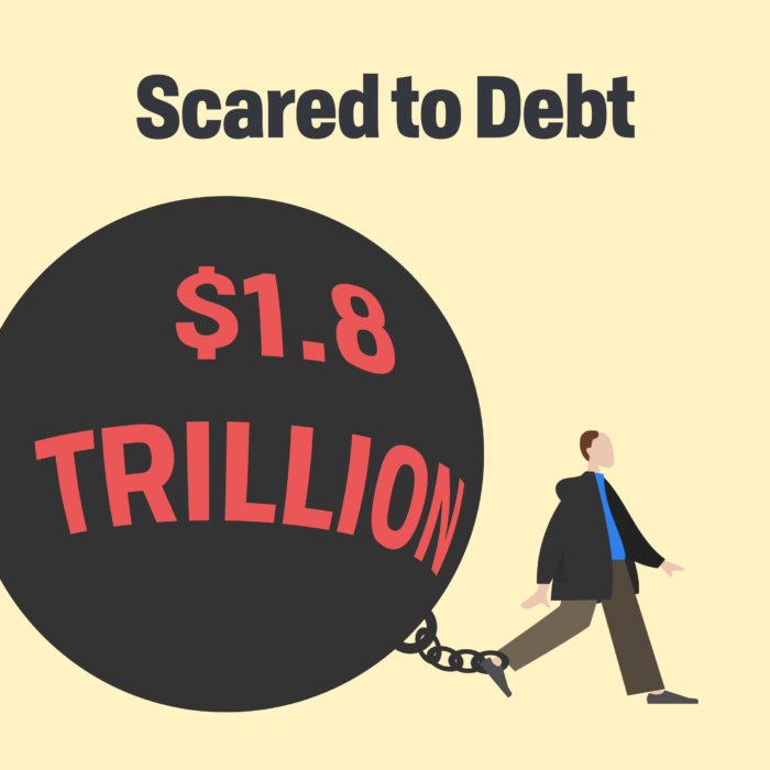 words Scare to Debt, below illustration of a ball and chain with $1.8 TRILLION written on it. A man much smaller than the ball is chained to it. He is walking forward chain on back leg. He is wearing khaki pants, blue shirt, and oversized black jacket.