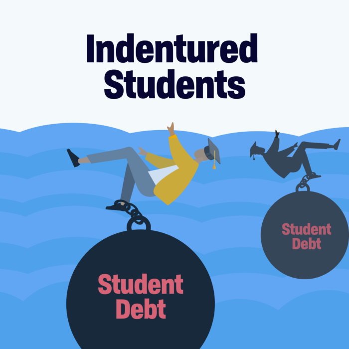 words Indentured Students, below two figure trying to float in water. Their hand just reaching outside the water. Both figures have big balls with chains with the words Student Debt. The front figure is in color, wearing a gradation cap with yellow sweater and white shirt. They have on grey pants and black shoes. The back figure and back is dark grey. The words on the ball saying Student Debt is in red.