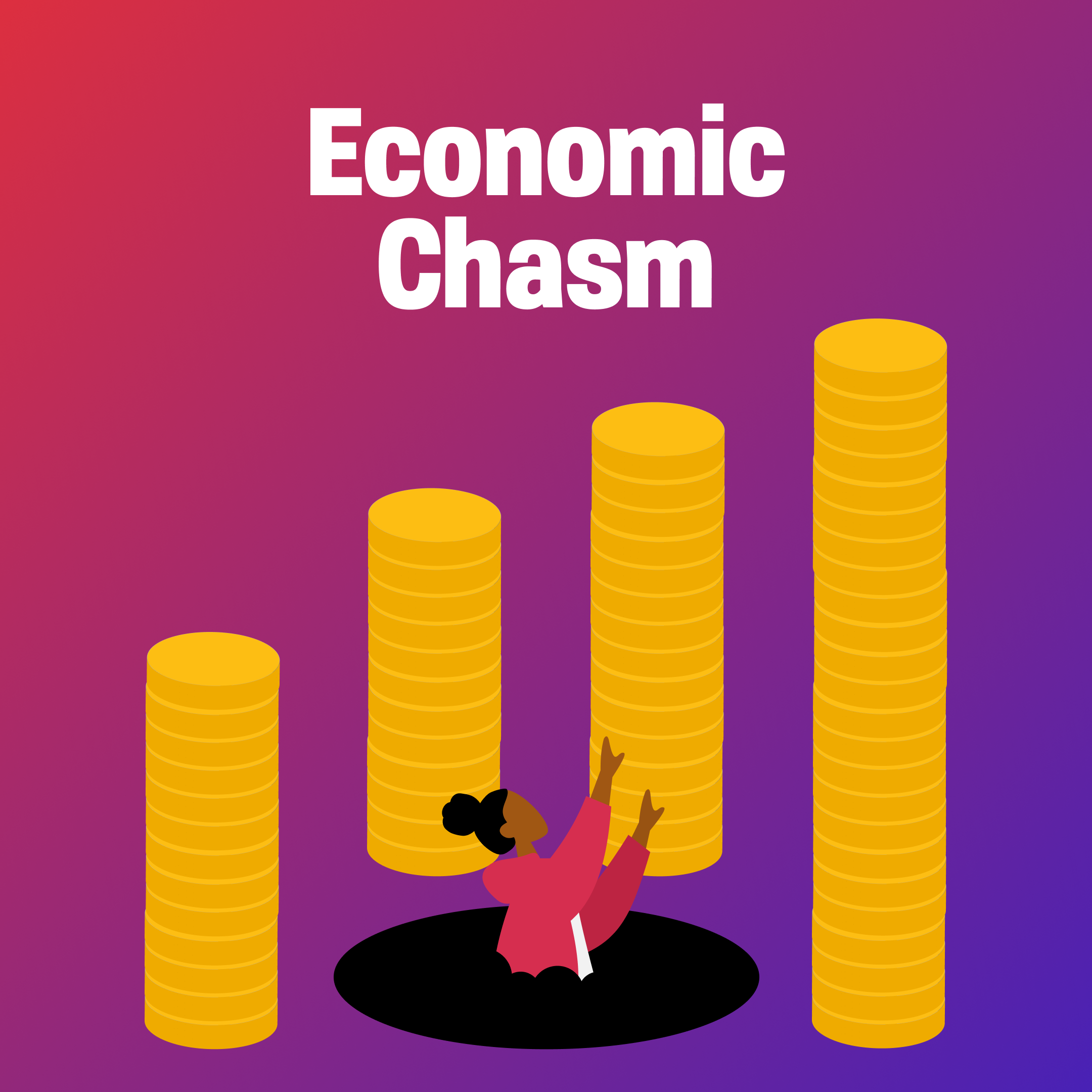 Words Economic Chasm below a figure is in a hole reaching their arm up toward 4 towering stack of coins